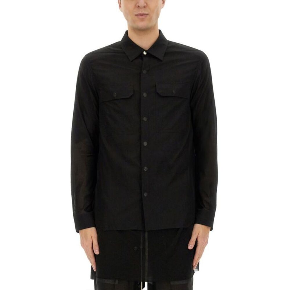 RICK OWENS Long Sleeve Button-Up Shirt with Double Chest Pockets Men BLACK
